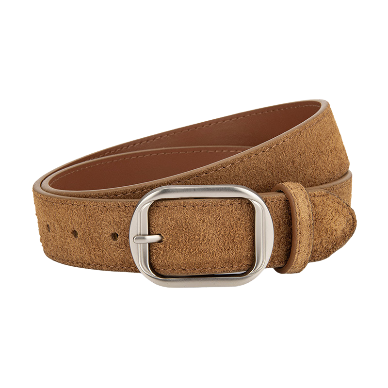 Ceinture femme Zoïa 1 en cuir marron effet daim avec boucle argentée ovale allongée