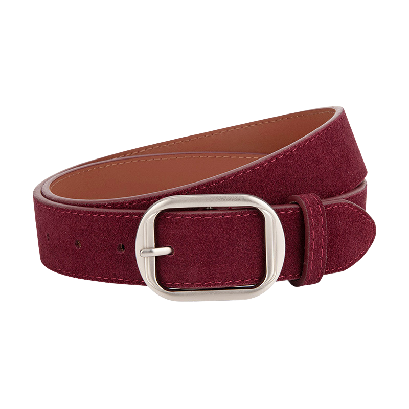 Ceinture femme Zoïa 1 en cuir bordeaux effet daim avec boucle argentée ovale allongée et coutures ton sur ton.