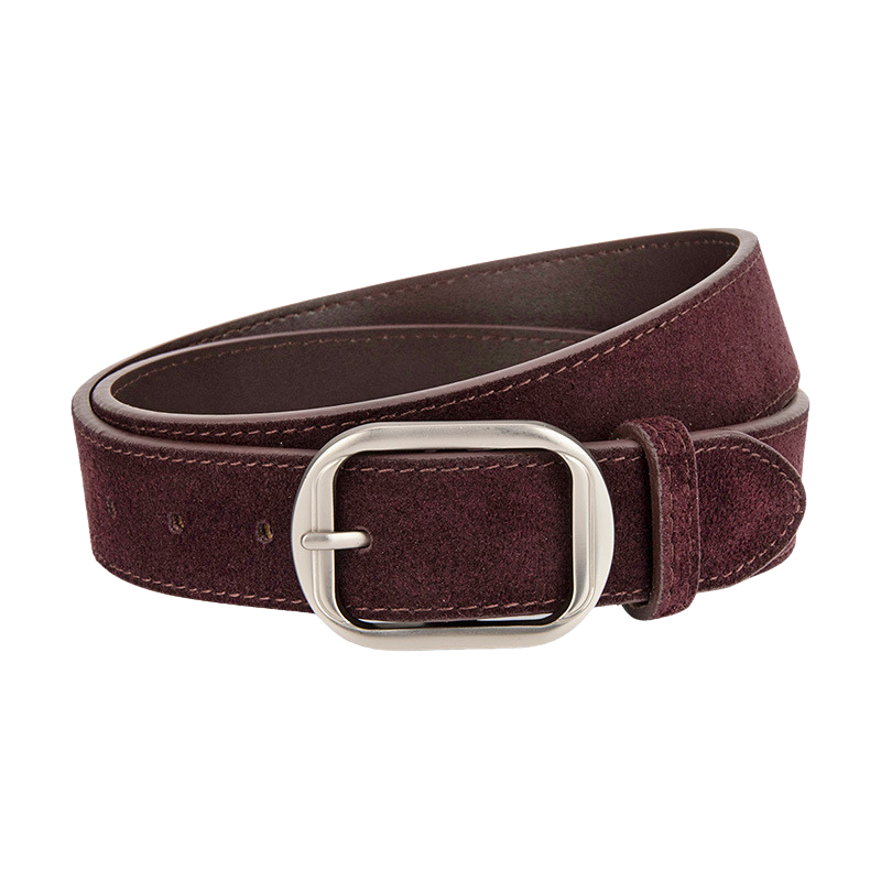Ceinture femme Zoïa 1 en cuir de vachette refendu bordeaux foncé avec fini daim et boucle argentée ovale allongée.