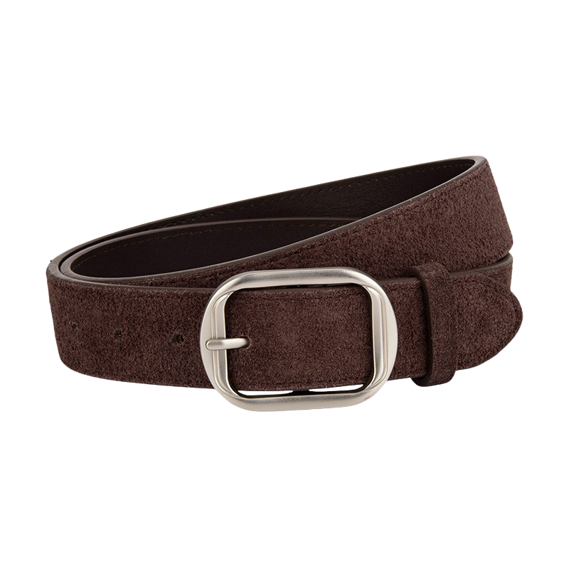 Ceinture femme Zoïa 1 en cuir de vachette refendu marron effet daim avec boucle ardillon ovale argentée