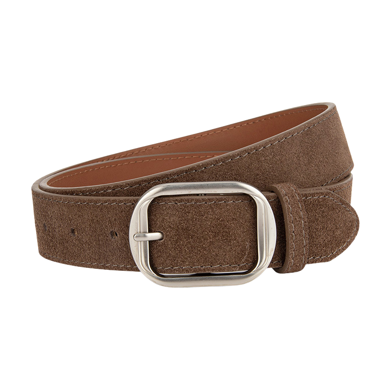 Ceinture femme Zoïa 1 en cuir de vachette refendu effet daim marron clair, avec boucle ardillon ovale allongée en métal argenté.