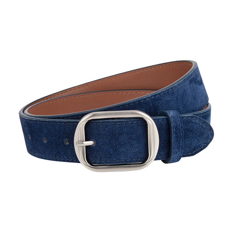 Ceinture femme Zoïa 1 en cuir de vachette refendu bleu avec boucle ardillon ovale allongée en métal argenté