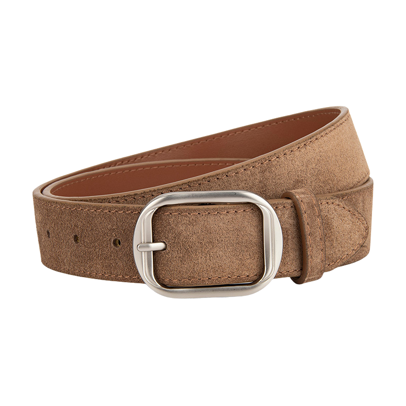 Ceinture femme Zoïa 1 en cuir de vachette refendu marron clair aspect daim, boucle ardillon ovale allongée en métal argenté.
