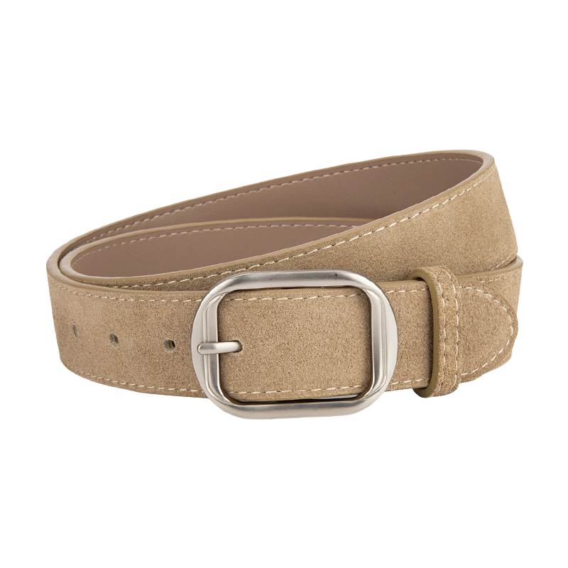 Ceinture femme Zoïa 1 en cuir beige effet daim avec boucle argentée ovale allongée et coutures contrastantes