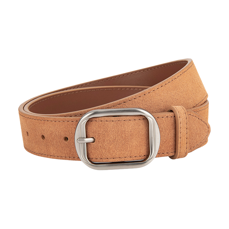 Ceinture femme Zoïa 1 en cuir de vachette refendu aspect daim, couleur camel, avec boucle ardillon ovale allongée en métal argenté.