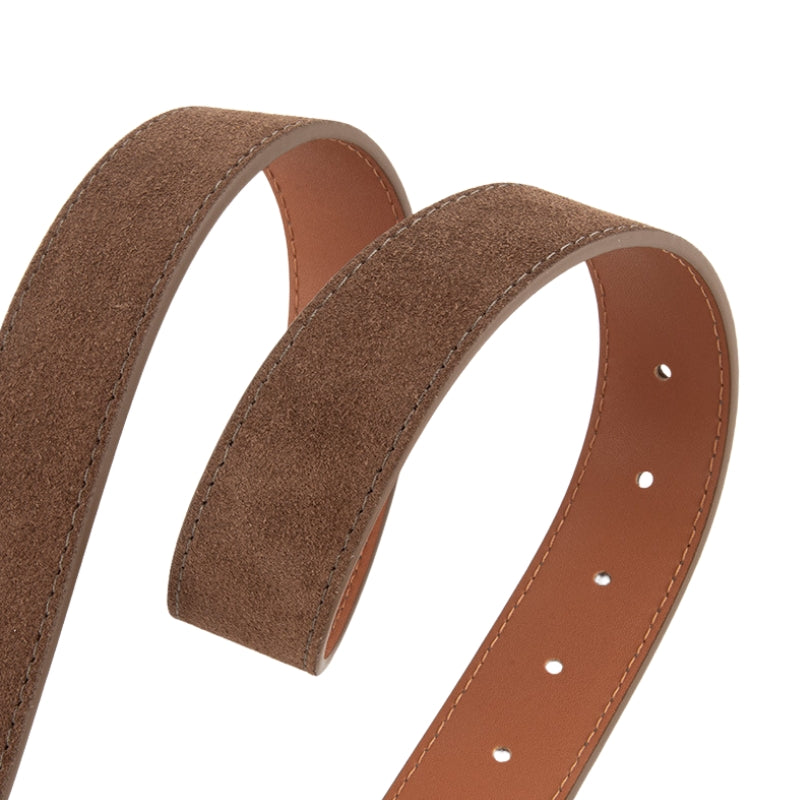Ceinture Zoïa 1 marron en cuir de vachette refendu effet daim, avec coutures ton sur ton et boucle ardillon ovale allongée argentée.