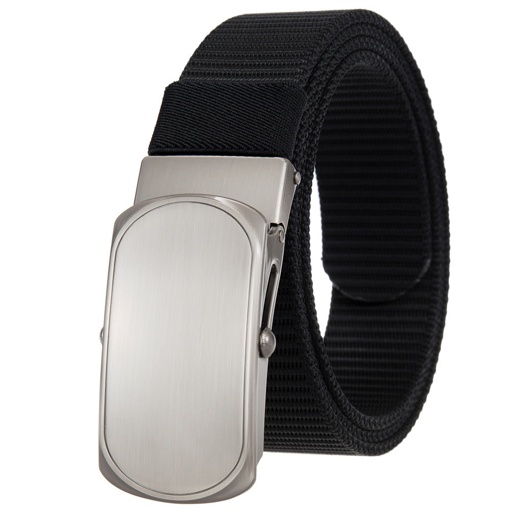 Ceinture homme Zola 1 noire en tissu texturé avec boucle automatique rectangulaire en alliage gris brossé. #fullwidth