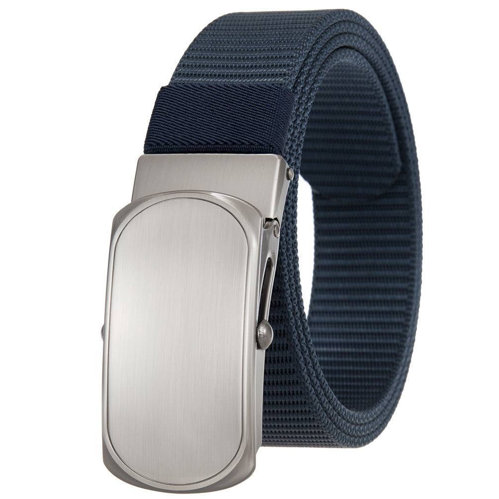 Ceinture homme Zola 1 en tissu texturé bleu marine avec boucle automatique rectangulaire en alliage gris brossé.