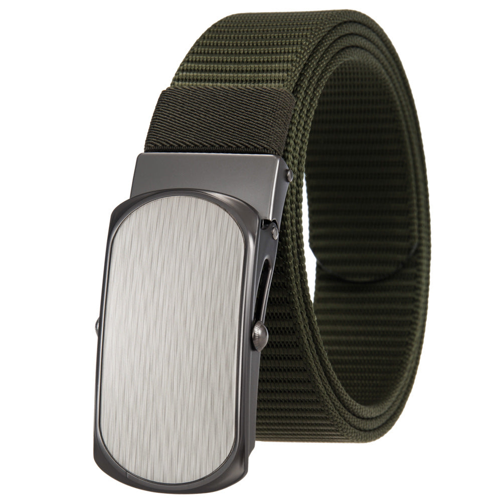 Ceinture homme Zola 2 en tissu vert foncé avec boucle rectangulaire automatique en alliage gris et face brossée.